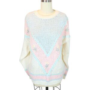 Vintage Hand Knit Floral Embroidered Pullover Sweater Size M Cottagecore Grandma